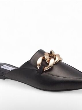 Steve Madden Black Leather Mules with Gold Chain Accent